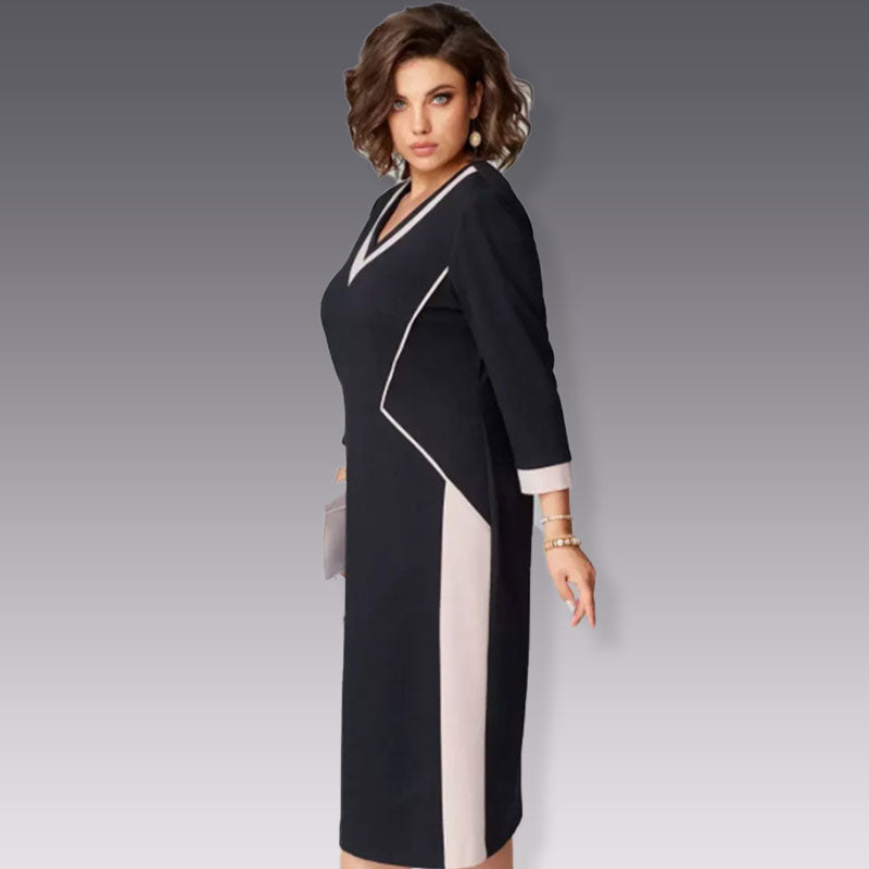 🎅Weihnachtsverkauf - 58% RABATT🎄3/4-Ärmel V-Ausschnitt Colour Block Kleid