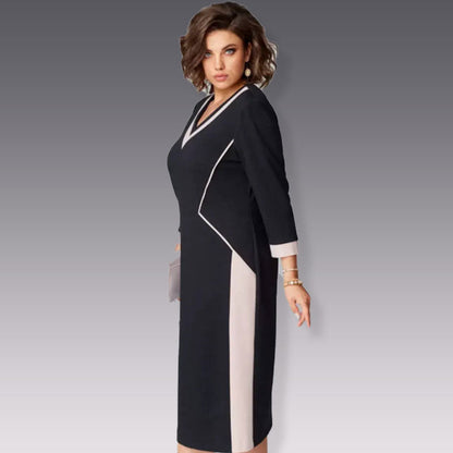 🎅Weihnachtsverkauf - 58% RABATT🎄3/4-Ärmel V-Ausschnitt Colour Block Kleid