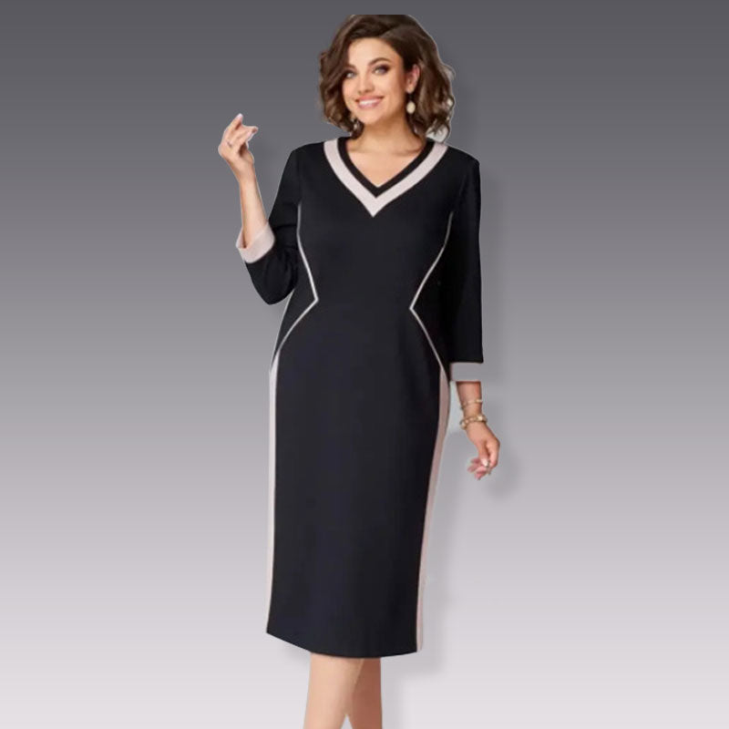 🎅Weihnachtsverkauf - 58% RABATT🎄3/4-Ärmel V-Ausschnitt Colour Block Kleid