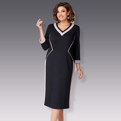 🎅Weihnachtsverkauf - 58% RABATT🎄3/4-Ärmel V-Ausschnitt Colour Block Kleid