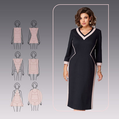 🎅Weihnachtsverkauf - 58% RABATT🎄3/4-Ärmel V-Ausschnitt Colour Block Kleid