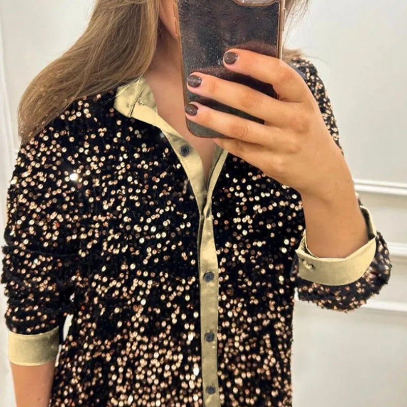🌹Begrenzter Winterrabatt 49%OFF⏳Glitzerndes Partyhemd mit Revers für Frauen