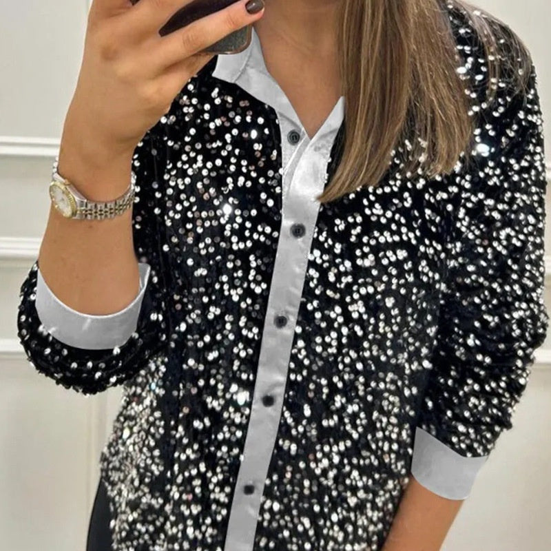 🌹Begrenzter Winterrabatt 49%OFF⏳Glitzerndes Partyhemd mit Revers für Frauen