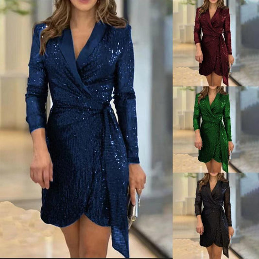 💖Mode Sexy Pailletten feste Farbe taillierte Kleid für Dame