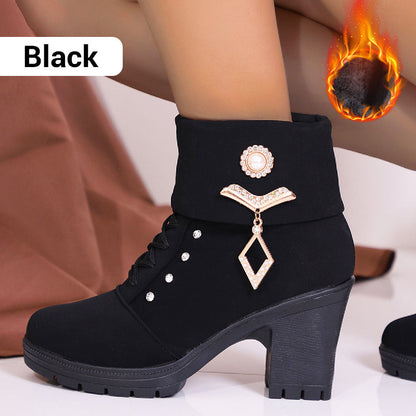 Damen Stiefeletten mit dickem Absatz und Strass-Dekor