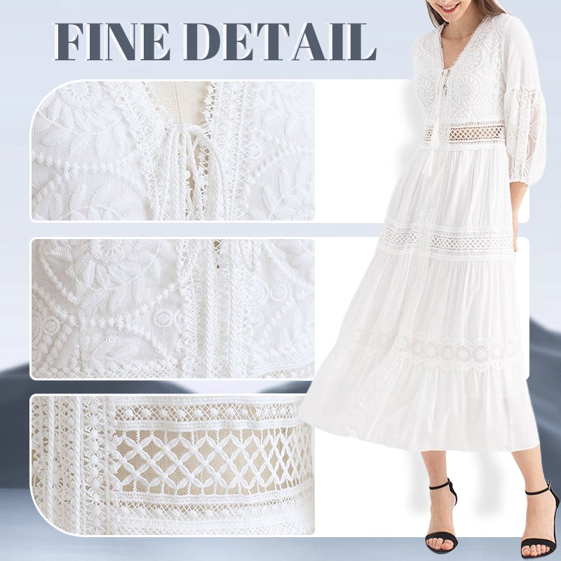 Weißes Boho-Midikleid mit V-Ausschnitt