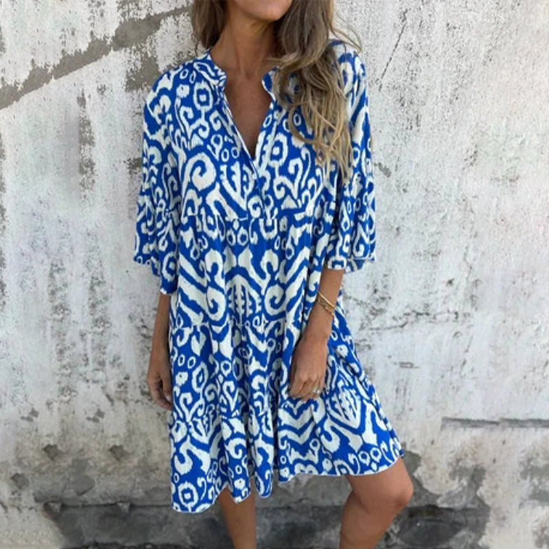 🌸2025 Neues Design🌸V-Ausschnitt gedrucktes Drei-Viertel-Ärmel-Kleid