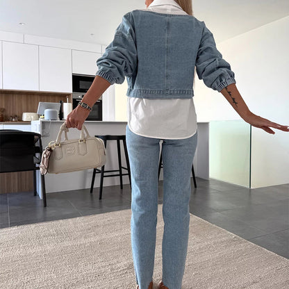 💥Modisches, zweiteiliges Set aus langärmligem Jeansoberteil und Hose für Damen