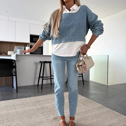 💥Modisches, zweiteiliges Set aus langärmligem Jeansoberteil und Hose für Damen