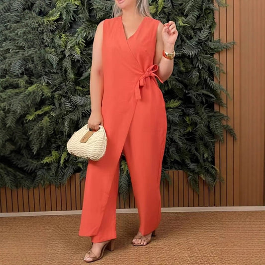 Bis zu 49 % Rabatt!🌟Einfarbiger, lässiger Jumpsuit mit V-Ausschnitt und Bindeband für Damen
