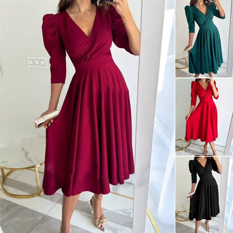 Damen-Midikleid Mit V-Ausschnitt & Schößchen | Jacquard-Stoff, 3/4-Ärmel, Für Büro & Festliche Anlässe