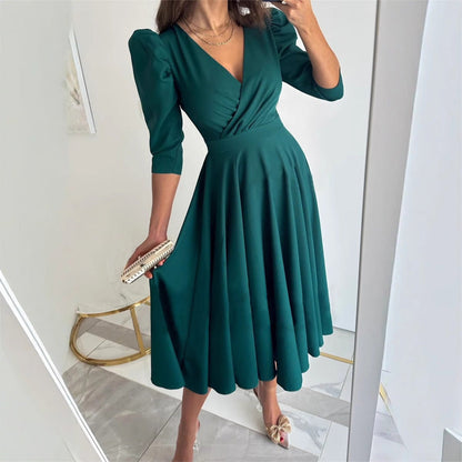 Plissiertes, taillenformendes Midikleid mit V-Ausschnitt für Damen