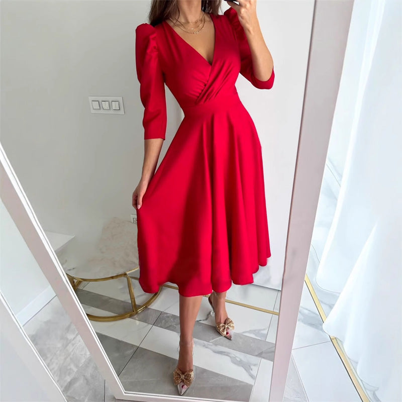 Plissiertes, taillenformendes Midikleid mit V-Ausschnitt für Damen