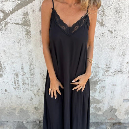 Elegantes Maxikleid mit V-Ausschnitt und Spaghettiträgern und Spitzenbesatz für Damen