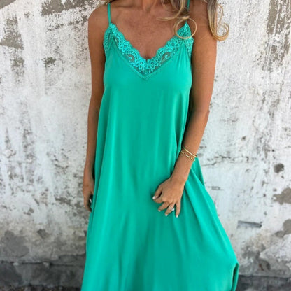 Elegantes Maxikleid mit V-Ausschnitt und Spaghettiträgern und Spitzenbesatz für Damen