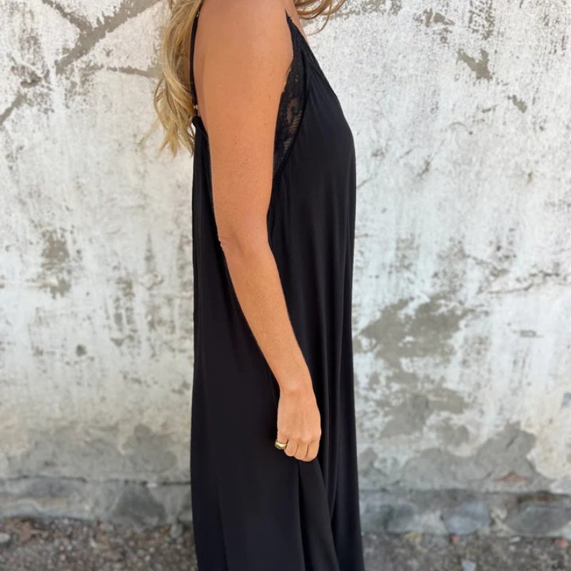 Elegantes Maxikleid mit V-Ausschnitt und Spaghettiträgern und Spitzenbesatz für Damen