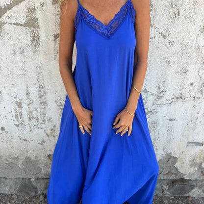 Elegantes Maxikleid mit V-Ausschnitt und Spaghettiträgern und Spitzenbesatz für Damen