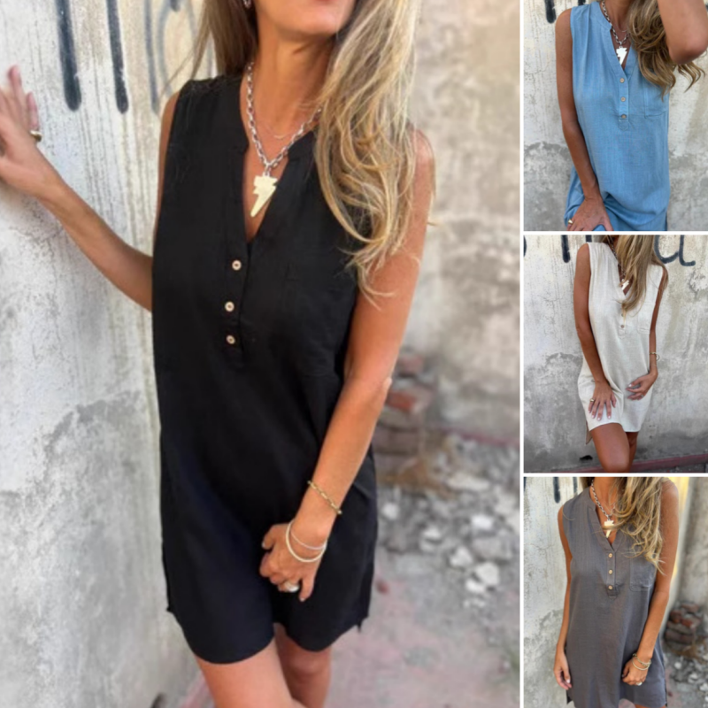 Ärmelloses Kleid mit Knopfleiste und V-Ausschnitt für Damen