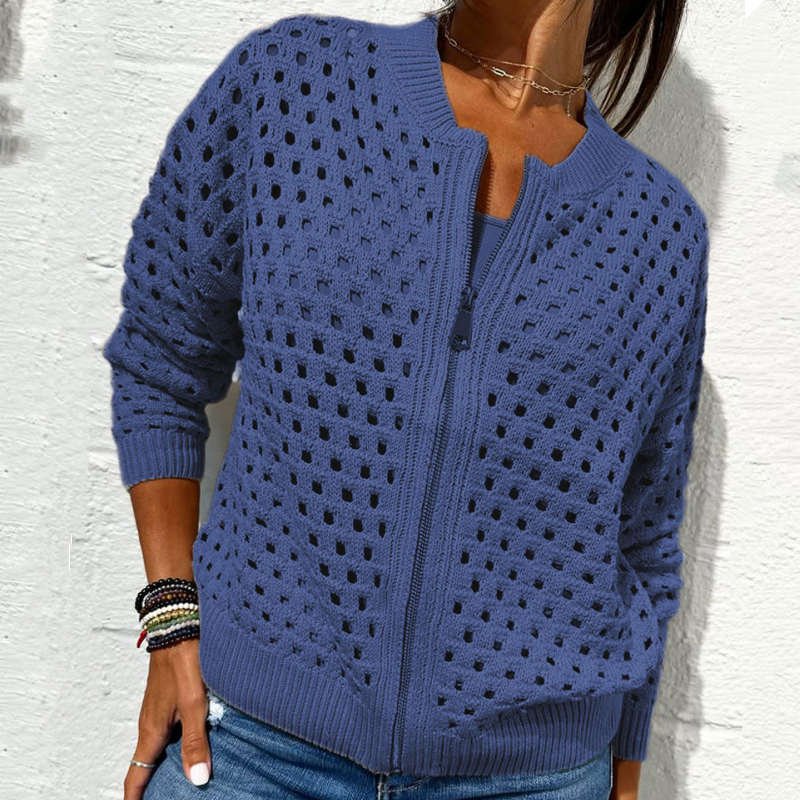 Lässige Damen Strickjacke mit Reißverschluss und hohlem Design