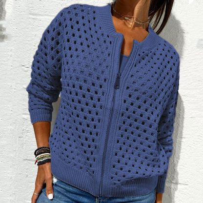 Lässige Damen Strickjacke mit Reißverschluss und hohlem Design