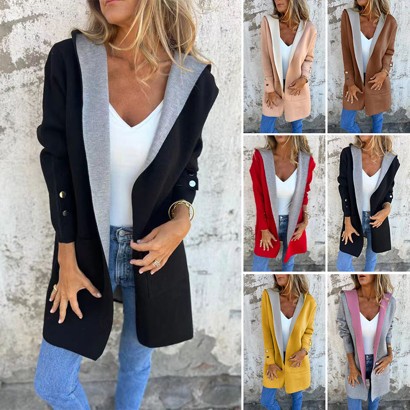 🌸Frühlingsangebote💐 Damen-Farbblock-Mantel mit offener Vorderseite und Kapuze