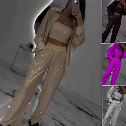 💕2025 HEISSER VERKAUF💐Paillettenblazer und weite Hose für Damen (3-teiliges Set)