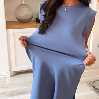 💥Lockeres Midikleid mit Rundhalsausschnitt und Schlitz und Taschen für Damen