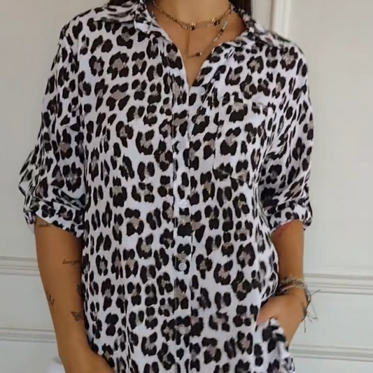 🎉Stylisches Hemd mit Revers und verstellbaren Ärmeln mit Leopardenmuster