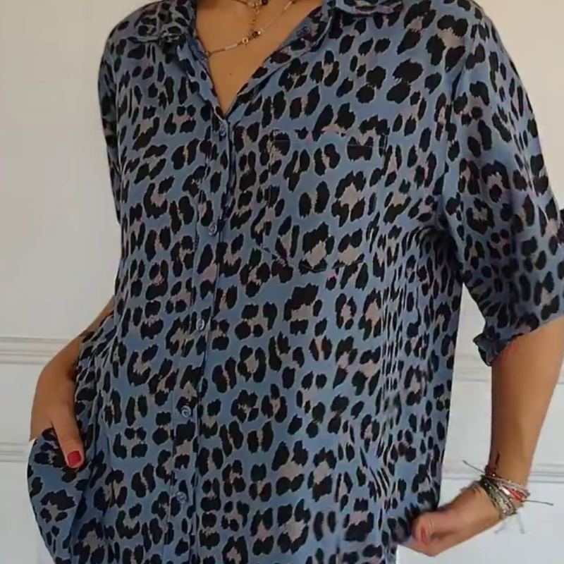 🎉Stylisches Hemd mit Revers und verstellbaren Ärmeln mit Leopardenmuster