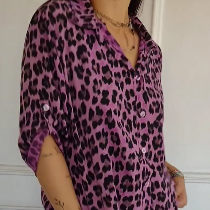 🎉Stylisches Hemd mit Revers und verstellbaren Ärmeln mit Leopardenmuster