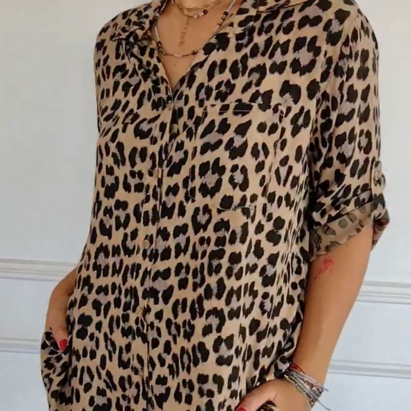 🎉Stylisches Hemd mit Revers und verstellbaren Ärmeln mit Leopardenmuster
