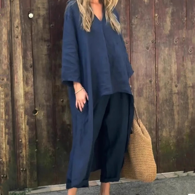 🌞👚2-teiliges Sommer-Set mit lockerem Schnitt und V-Ausschnitt und Tasche für Damen🌸