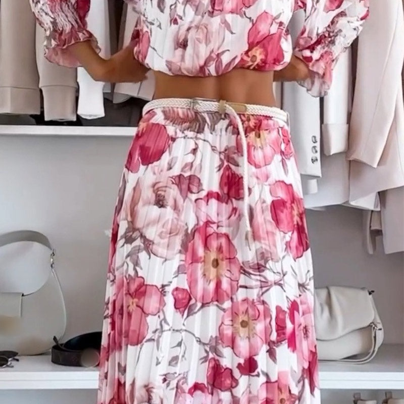 🌷50% RABATT❤️‍🔥Zweiteiliges Set mit Blumenmuster: Off-Shoulder-Bluse & Maxirock