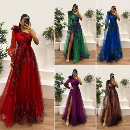 Damen modisches bedrucktes Kleid mit schräger Schulter aus Mesh