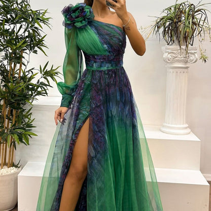 Damen modisches bedrucktes Kleid mit schräger Schulter aus Mesh