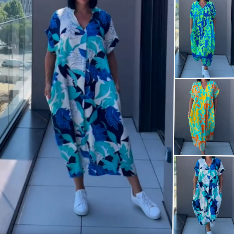 Lässiges, elegantes, bedrucktes Kleid mit V-Ausschnitt für Damen