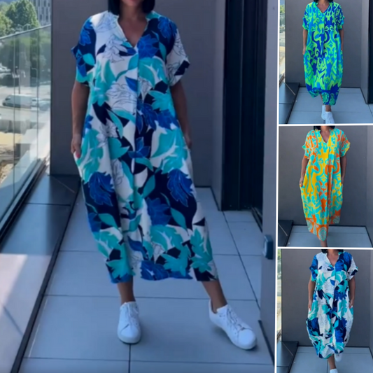 Lässiges, elegantes, bedrucktes Kleid mit V-Ausschnitt für Damen