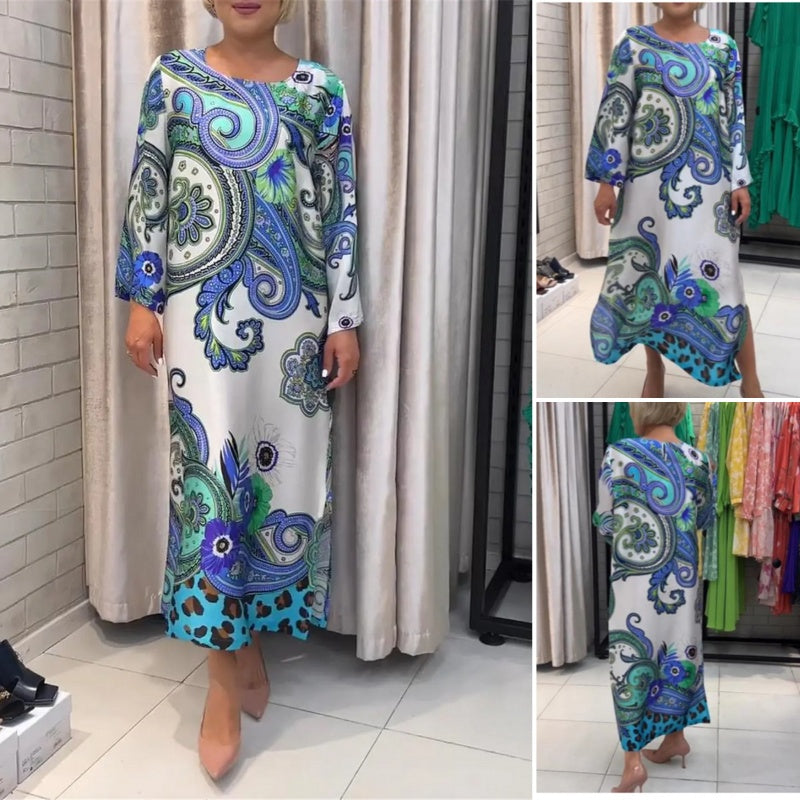 Elegantes langes Kleid mit Rundhalsausschnitt und Blumendruck
