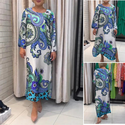 Elegantes langes Kleid mit Rundhalsausschnitt und Blumendruck