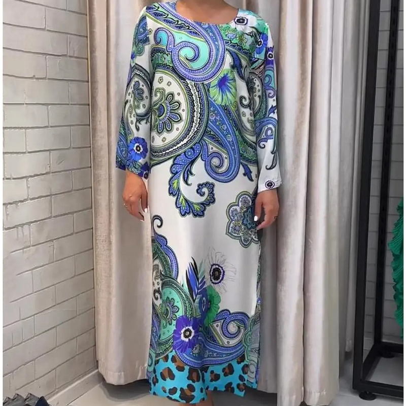 Elegantes langes Kleid mit Rundhalsausschnitt und Blumendruck