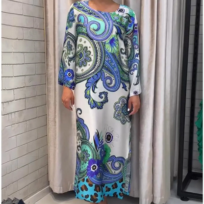 Elegantes langes Kleid mit Rundhalsausschnitt und Blumendruck