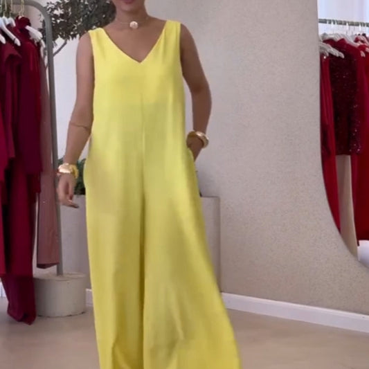 Ärmelloser Damen-Jumpsuit mit V-Ausschnitt und weitem Bein und Taillengürtel