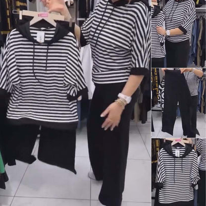 🎁Schnäppchen 50 % RABATT🔥Frauen gestreifte Top & Solid Hosen Set