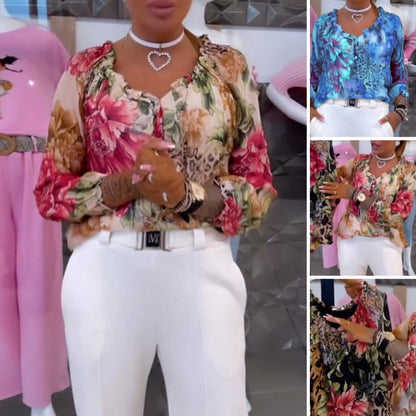 Damen Vintage Chiffonbluse mit Blumen- und Leoparden-Patchwork