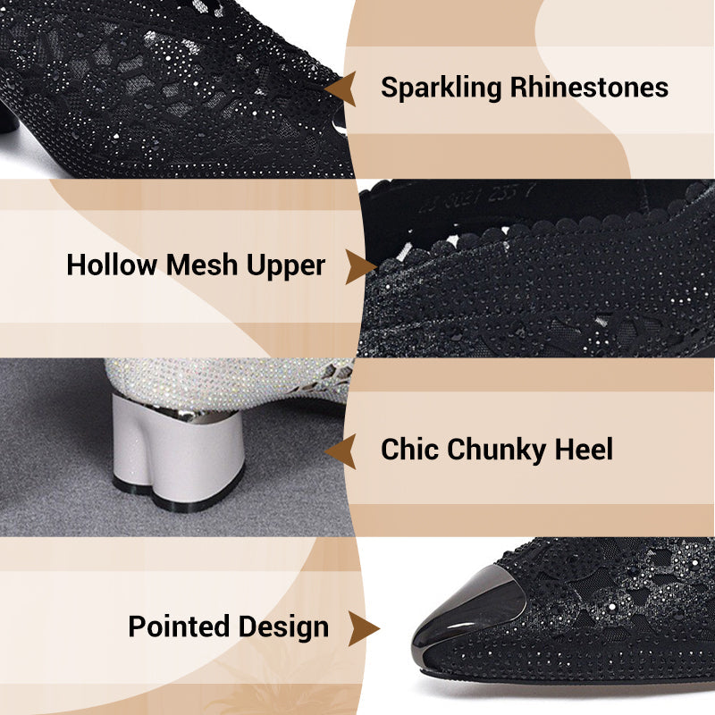 🔥Zeitlich begrenzter Rabatt👡Slipper aus Mesh mit Kristallen und dickem Absatz