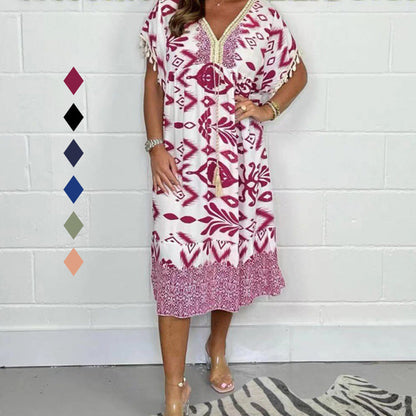 🏆Letzter Tag 49 % RABATT✨Lose bedrucktes Kleid mit kurzen Ärmeln und Fransen im Boho-Stil