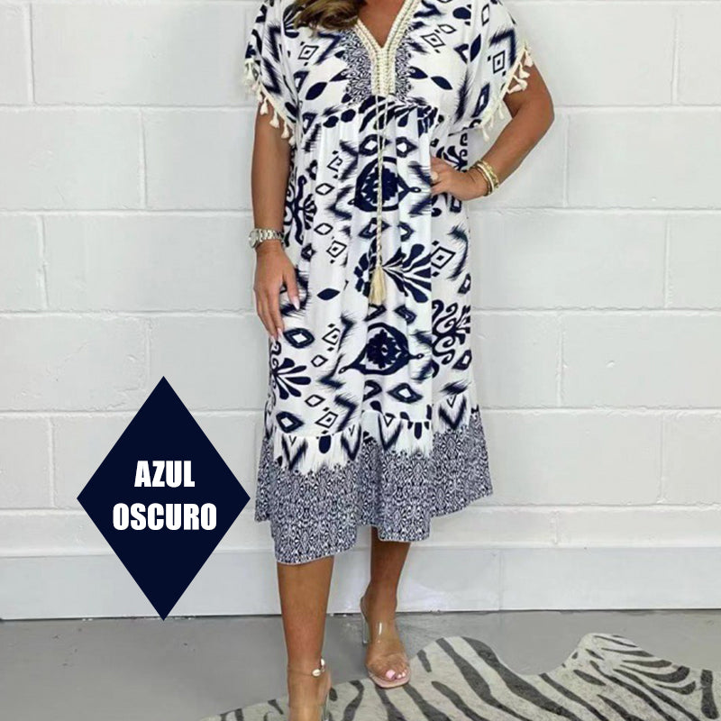 🏆Letzter Tag 49 % RABATT✨Lose bedrucktes Kleid mit kurzen Ärmeln und Fransen im Boho-Stil