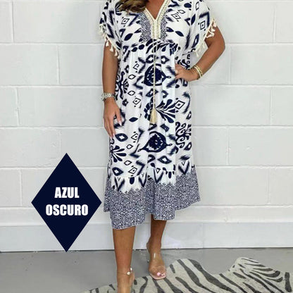 🏆Letzter Tag 49 % RABATT✨Lose bedrucktes Kleid mit kurzen Ärmeln und Fransen im Boho-Stil