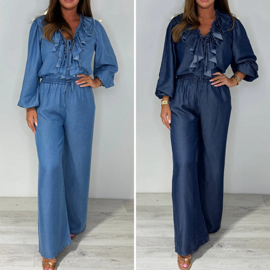 Damen-Set aus Langarm-Oberteil mit gestuftem Design und weiter Hose