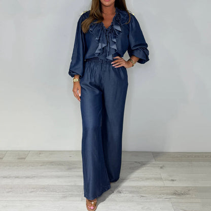 Damen-Set aus Langarm-Oberteil mit gestuftem Design und weiter Hose